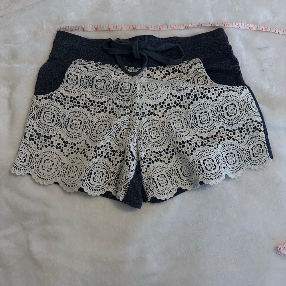 London Fog High Waist Lace Trim Shorts - navy blue and Cream London fog shorts